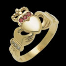C9579 Claddagh Yellow Gold Ruby and Diamond Ring