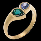 C425 Teardrop Biron Emerald and Tanzanite Yellow Gold ring