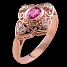 C914 Scroll Rose Gold oval Pink Sapphire and diamond ring