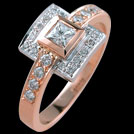 C1475 Princess Diamond Halo Rose and White Gold Ring