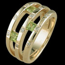 C1554 Square Peridot and Diamond Triple Bar Gold Ring
