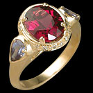 C1709 Oval Rhodolite and Pear Tanzanite and Diamond Yellow Gold 